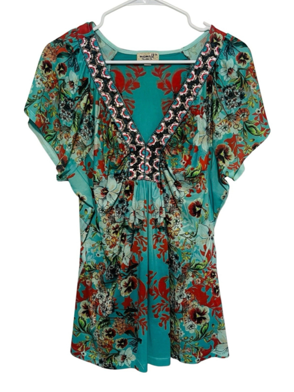 One World Babydoll Top Women’s 1X Green Coral Y2K Colorful Floral Embellished